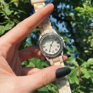 Geneva Jelly Gel Silicone Band Watch w. Rhinestone Face in Cream & White